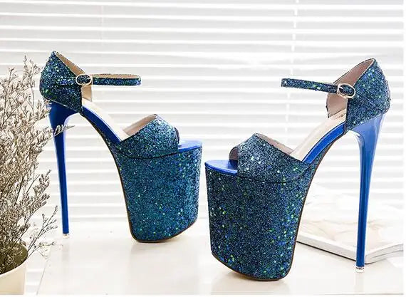 Stiletto Bling Sandals 20cm Thin high heels Sequins Nightclub show platform shoes woman