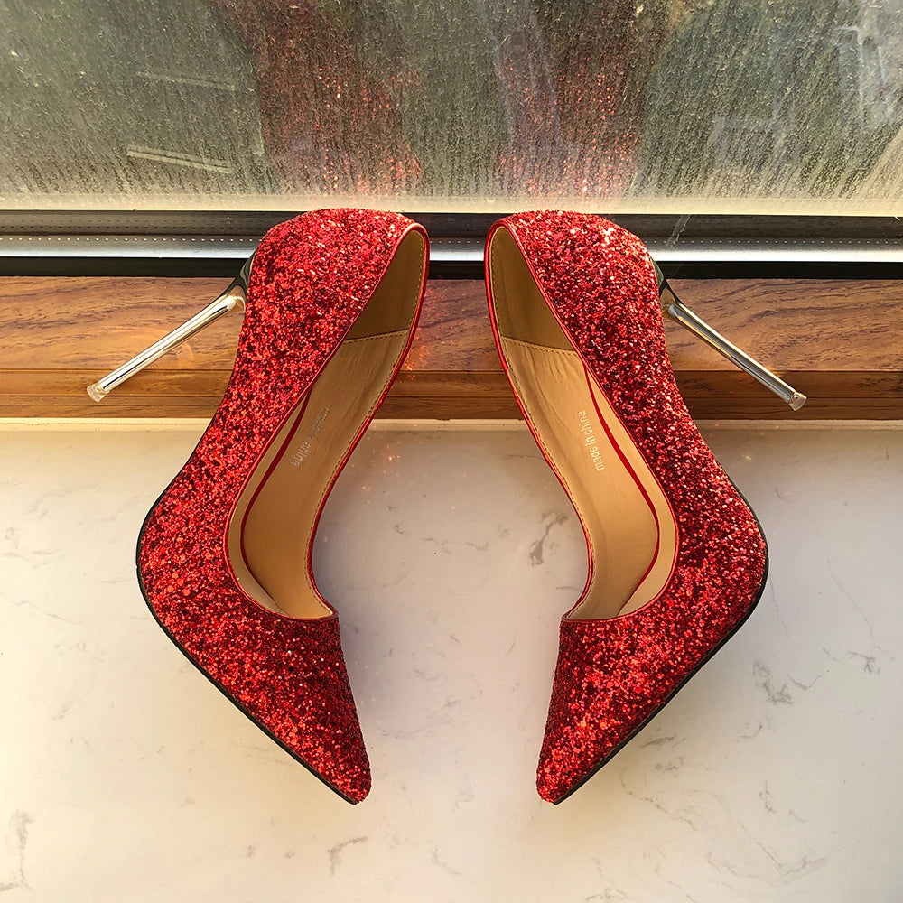 Glitter Red Sequins Women 11cm High Heel Wedding Bridal Shoes