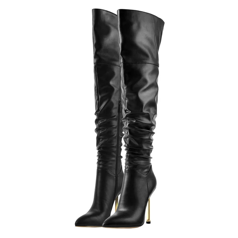 Pointed Toe Metal heel Black Matte Side Zip  Knee High Boots