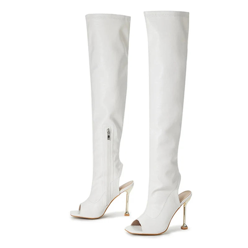 Spring Autumn Sexy Zip Metal Thin Heels Open Toe Leather Thigh High Over The Knee Boots