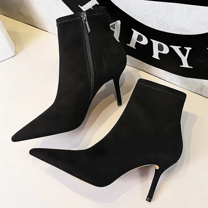 Suede Women Boots Fashion Women Ankle Boots Pointed Toe High-heel Boots