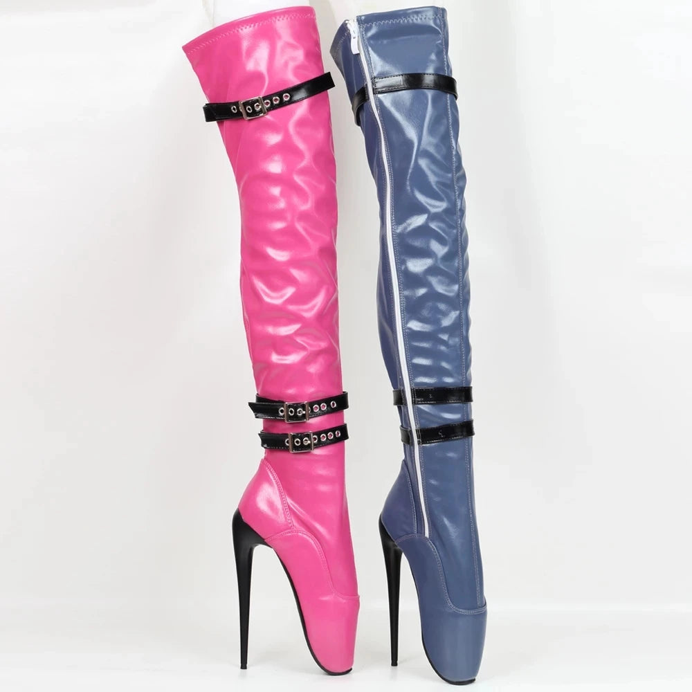 New Arrive 7" Super High Ballet Heel Stretch PU Buckle Strap Pointed toe Over-the-Knee Thigh Long Boots