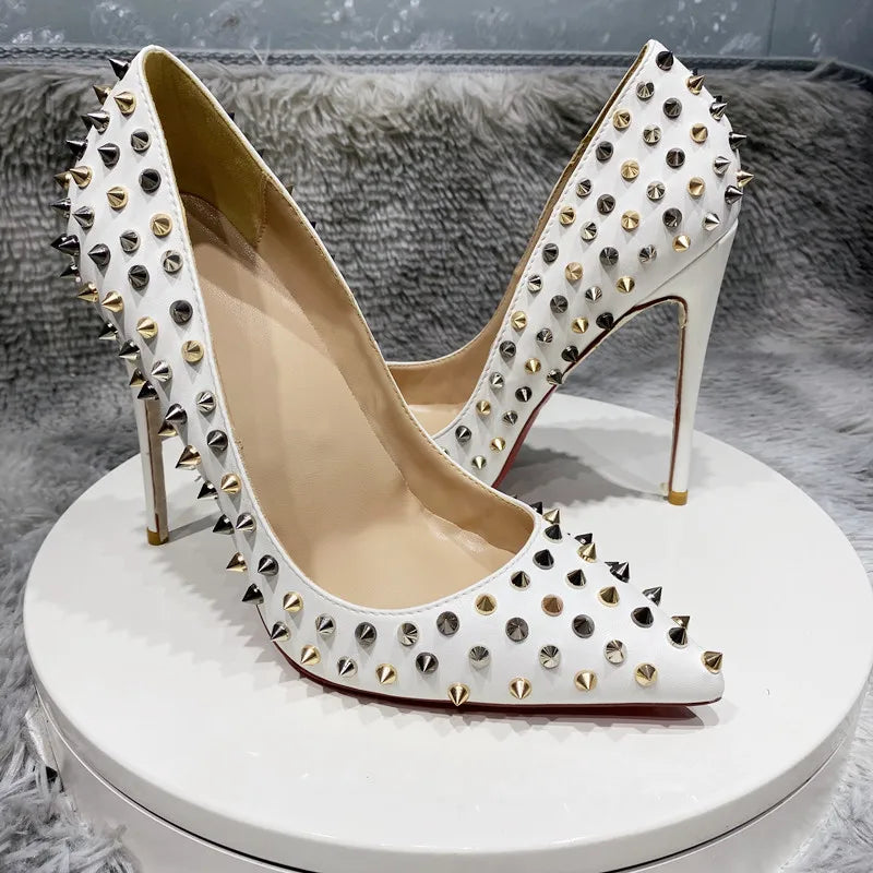 12cm Women's pointed Contrast rivet high heels