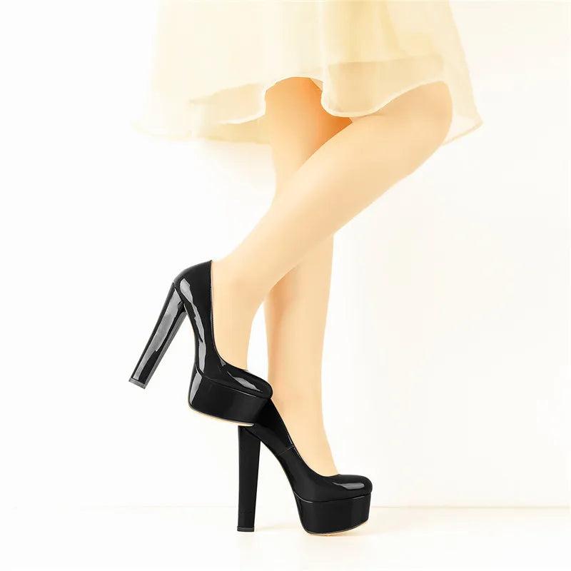 Women Heels Platform Round Toe Chunky High Heels