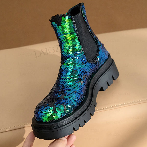 Women Ankle Boots Bling Glitter Pull On Elastic Band Short Booties