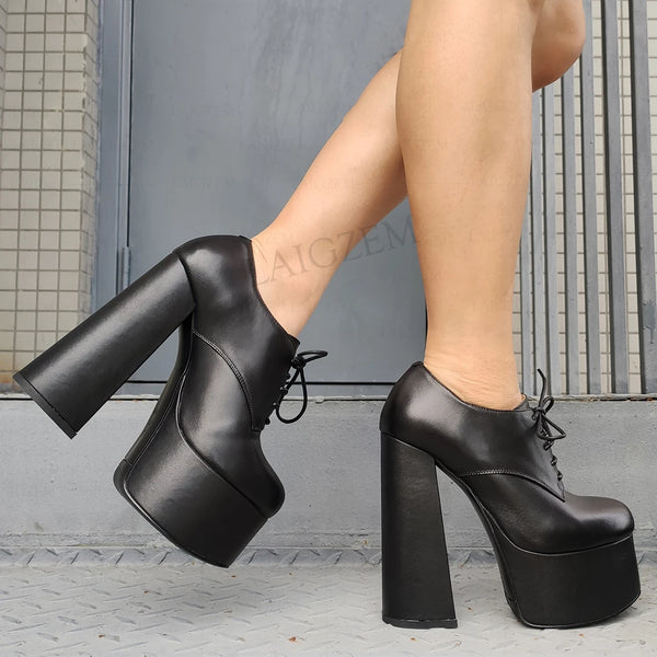 Real Leather Women Ankle Boots Lace Up Thick Chunky High Heels Booties