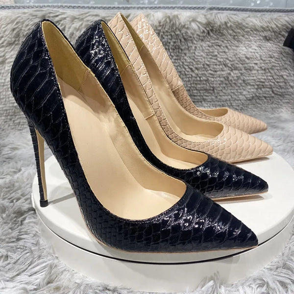 Sexy Women's Black snake pattern high heels evening dress shoes