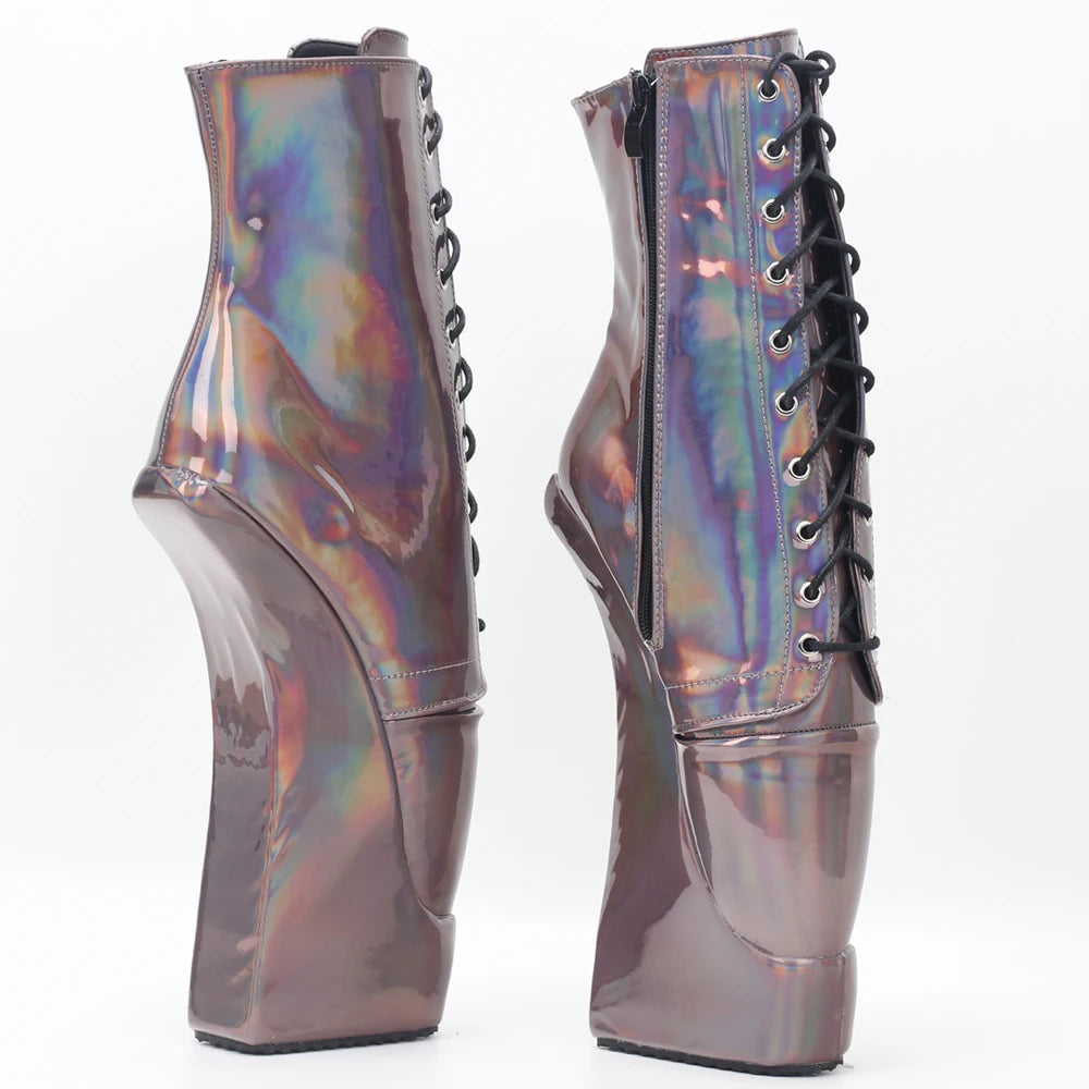 7" High Ballet Heel Boots Platform Cross-tied Holographic Sexy Extoic Ankle Boots