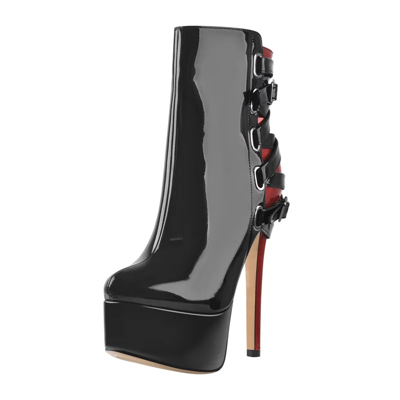 Platform Round Toe Ankle Boots Black Red Mixed Square Belt Buckle High Heel