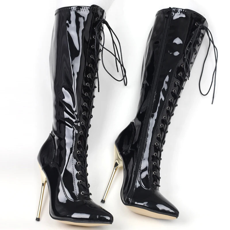 14CM Super High Heel PU Leather Cross-tied Stilettos Thin Heels Pointed toe Knee-High Boots