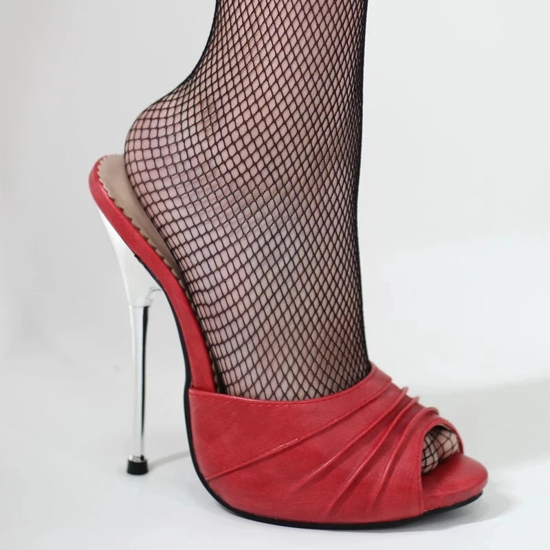 Women High Heel slippers Metal Thin Heels Pleated Peep-toe Female Sexy  Pumps Shoes