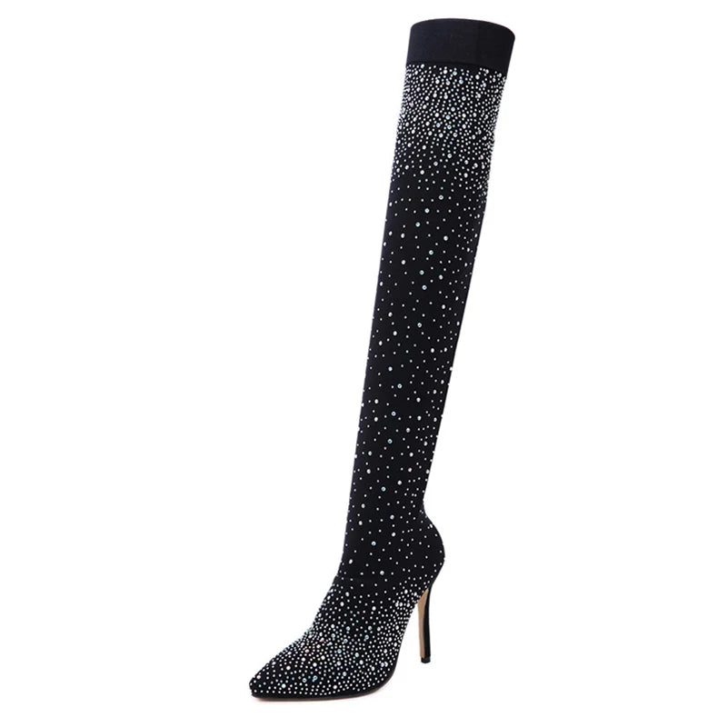 Sexy Thigh Women's High Boots Fashion Crystal Stretch Fabric Sock Boots