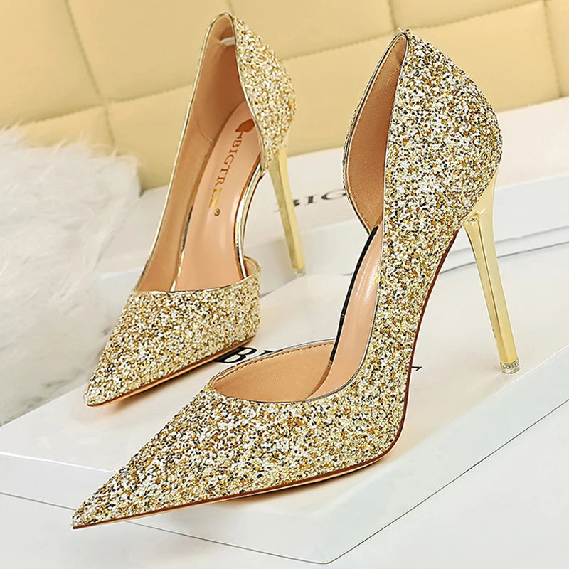 Gold Sliver Woman Pumps Sequin Cloth Wedding Shoes Sexy High Heels