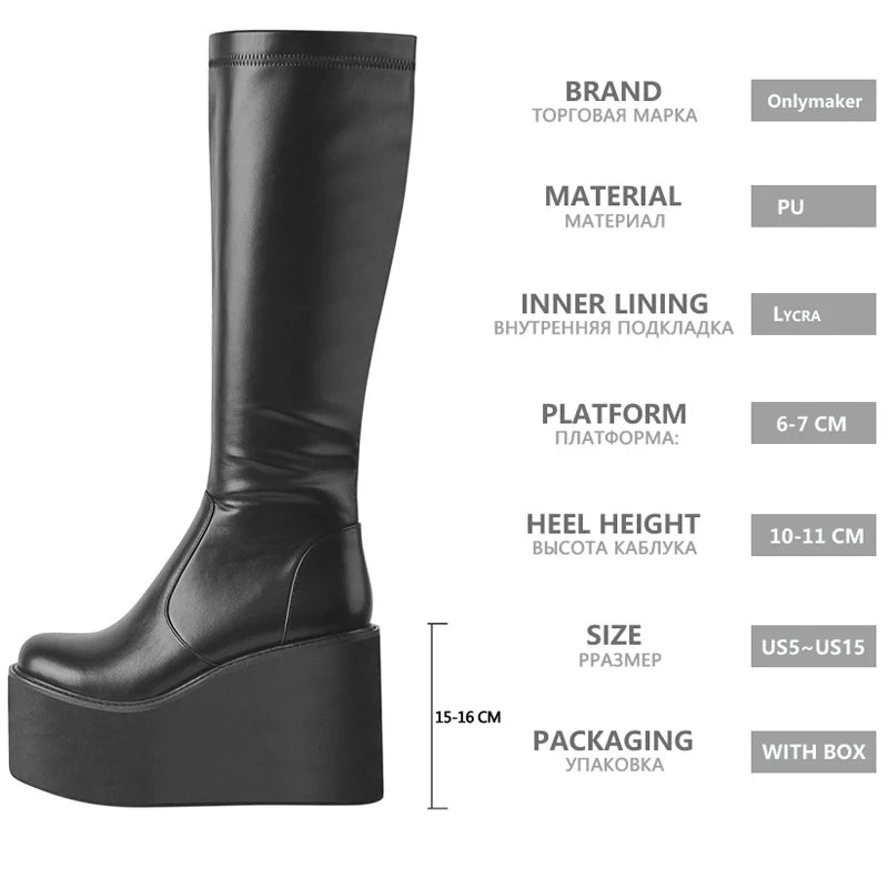 Platform Round Toe Wedges Boots Matte Black Knee High Zipper Big Size Fashion Boots