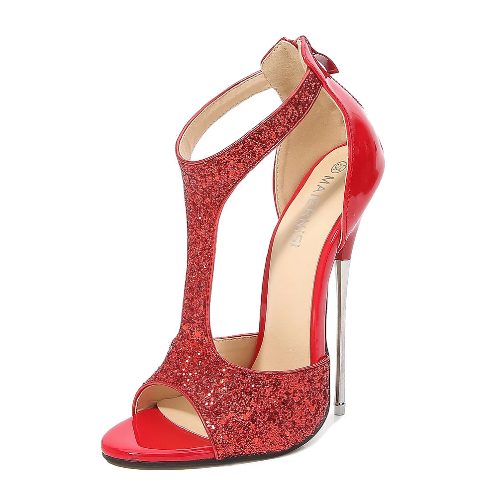 Luxurious Summer Red Sandals 16cm Thin High-heeled Wedding Shoes Woman