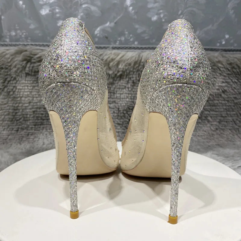 12cm Women's Mesh Rhinestone Sequined Stiletto Heels Shoes