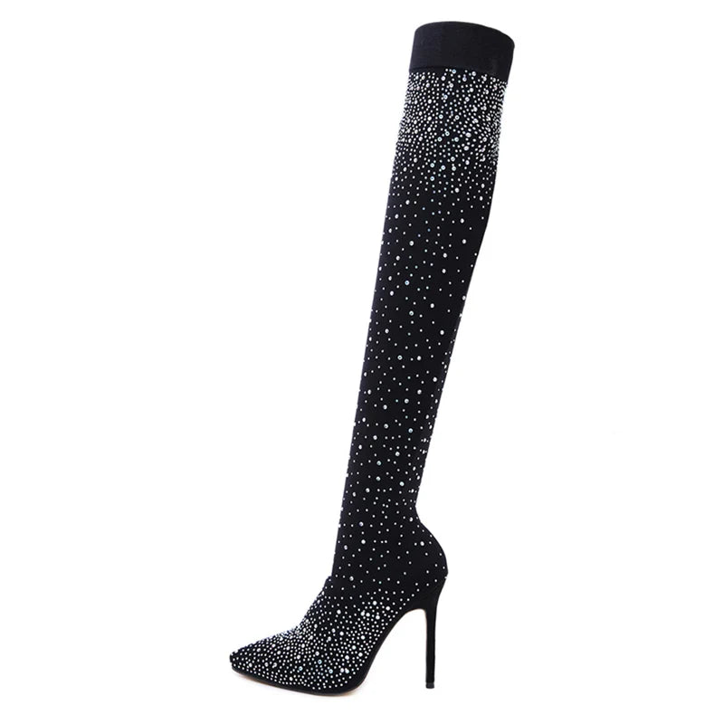 Sexy Thigh Women's High Boots Fashion Crystal Stretch Fabric Sock Boots