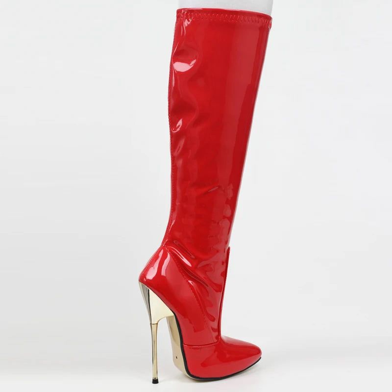 Women Knee-high Boots 14CM Super High Heel Pointed toe Zip Red PU Leather Boots