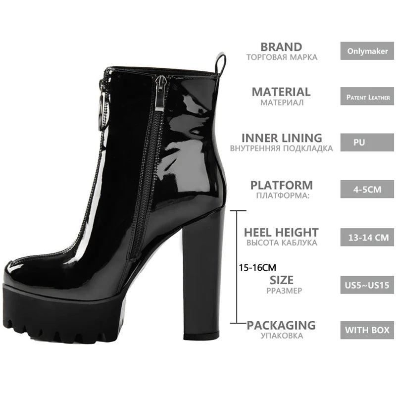 Patent Leather Ankle Boots Platform  Thick High Heel Zipper For Women