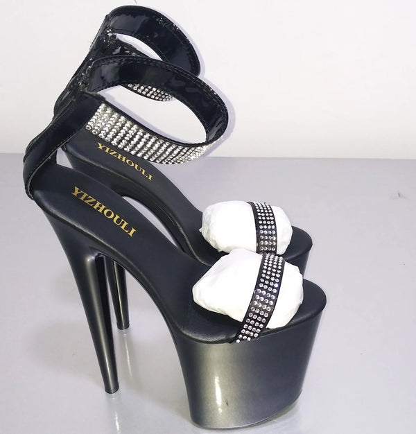 Black Sexy Shoes 8 inch Rhinestone Stiletto Heels 20cm Open-Toed High-Heeled Sandals