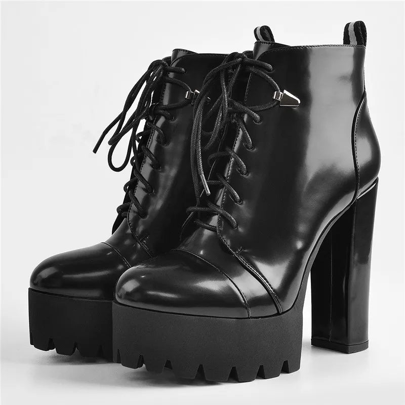 Platform Lace Up Round Toe Black  Patent Leather Chunky  High Heels Ankle Booties