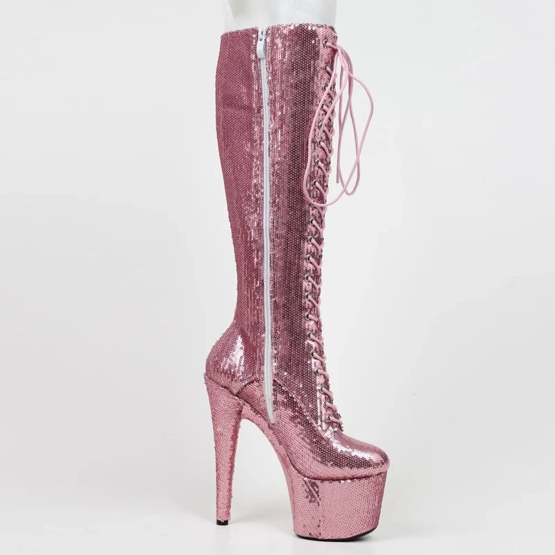 Women Knee-high Boots 17CM High Spike Heel Platform Bling Crystal Ladies Pole Dance Party Dress Boots