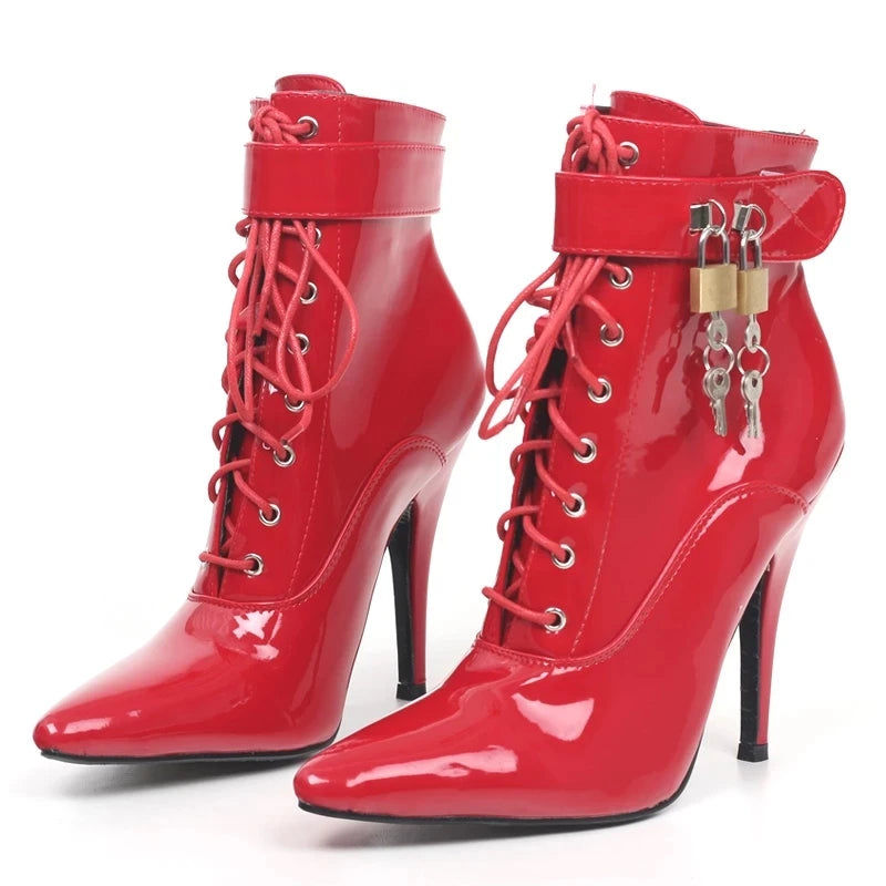 Women 12CM Super High Heel Pumps Lace-up Pu Leather Lockable Padlock Ladies  Shoes