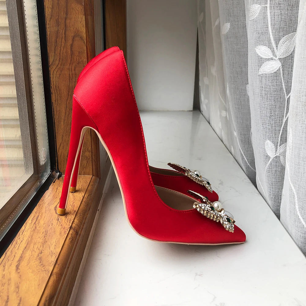 Glitter Bow Women Red Silk Satin High Heel Wedding Shoes