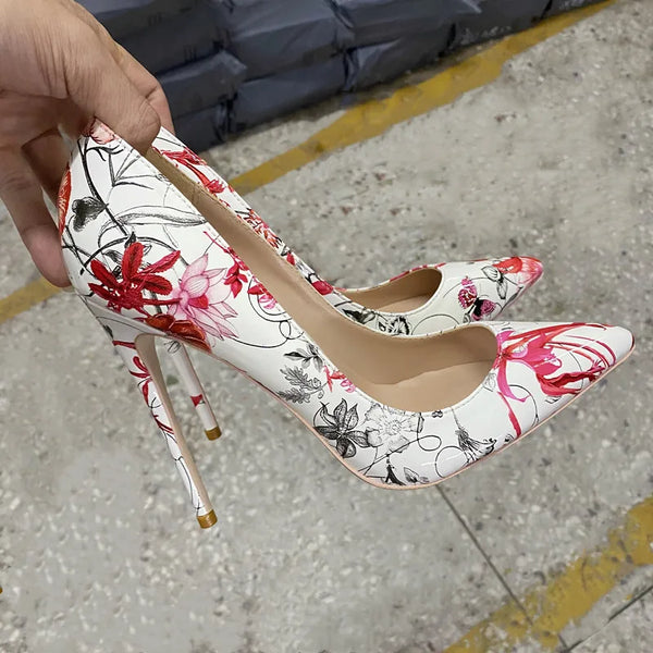 pointed red and white 12mm Thin heel high heels,