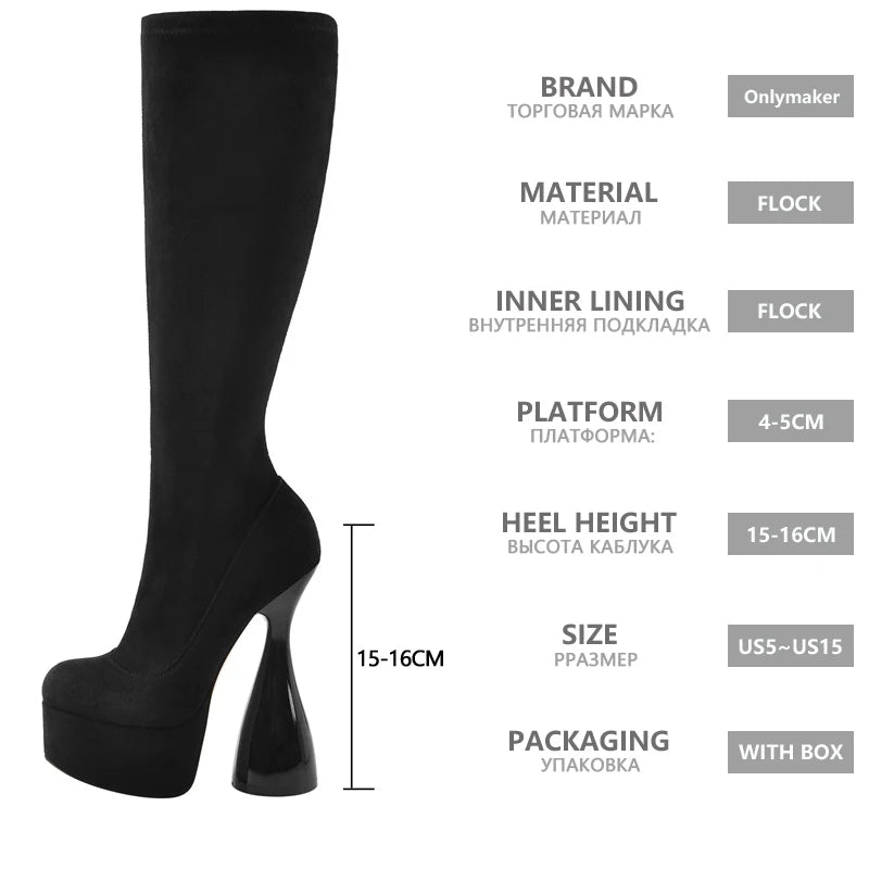 Platform Knee High Boots Black Flock High Elastic Spike Heels