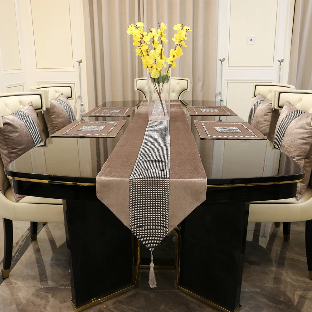 Luxury Table Runner with Handmade Rhinestones European Tasseled Flannel Table Runner