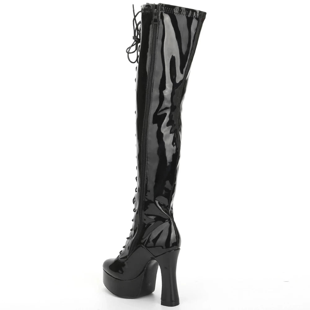 12CM High Block Heel Platform Cross-tied Zip Over-the-Knee PU Leather Ladies Sexy Long Boot