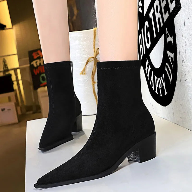 Suede Women Ankle Boots Autumn Shoes Pointed Toe Women Boots Fashion Thick Heel