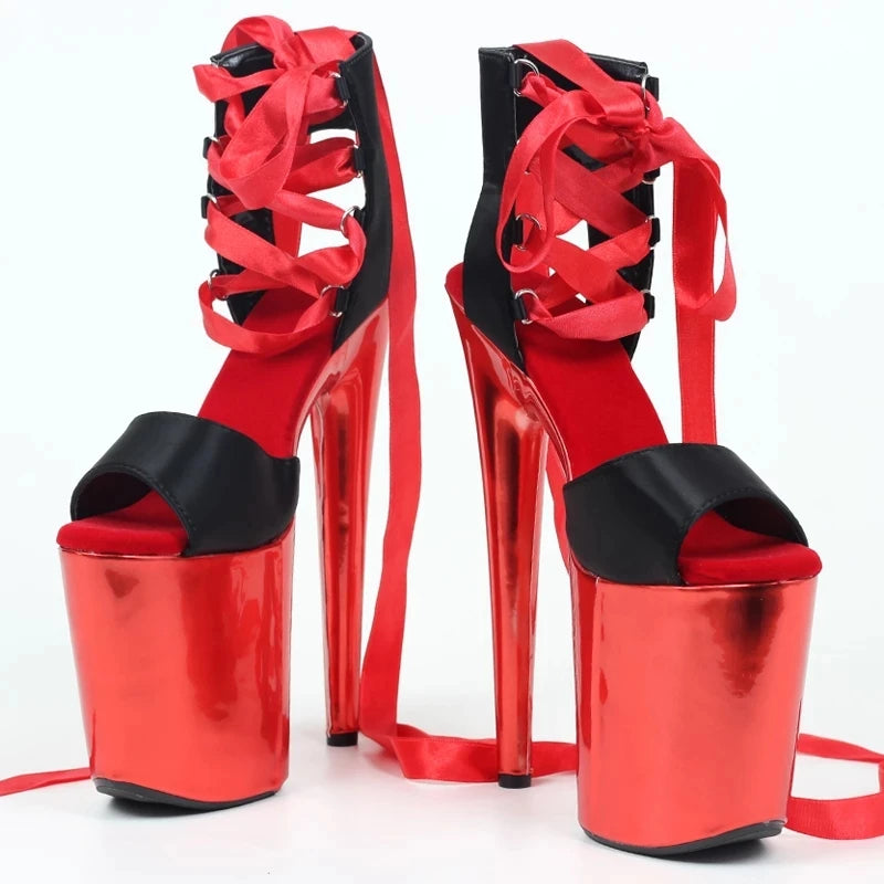 Women Sandals 20CM Spike Heels Cross-Strap Narrow Bands Red Mirror Color  Shoes