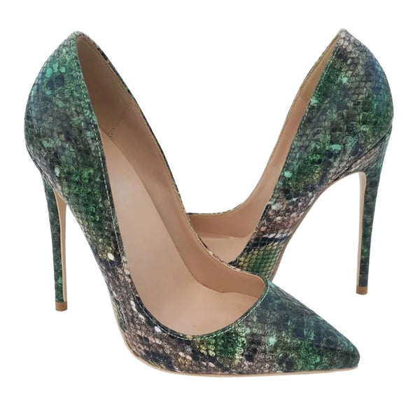 Fashion 12cm Green snake pattern high heels