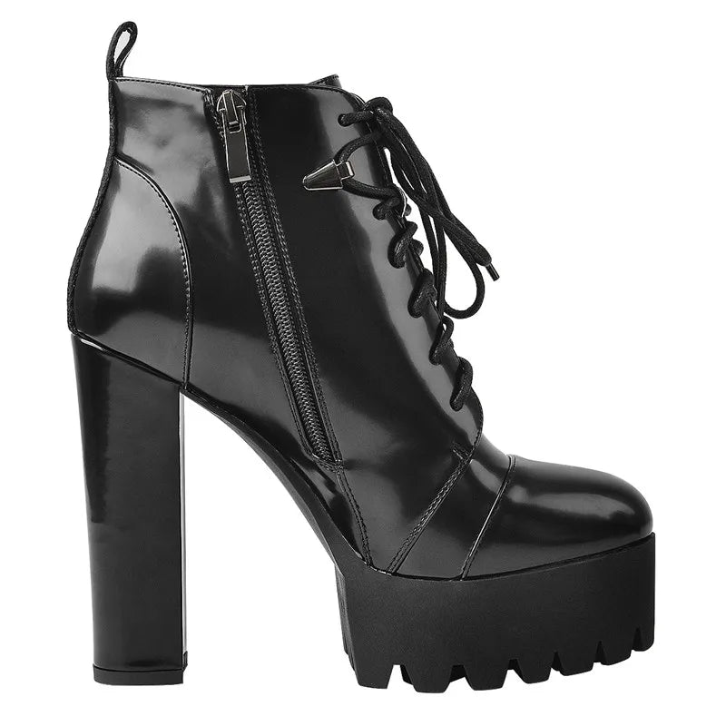 Platform Lace Up Round Toe Black  Patent Leather Chunky  High Heels Ankle Booties