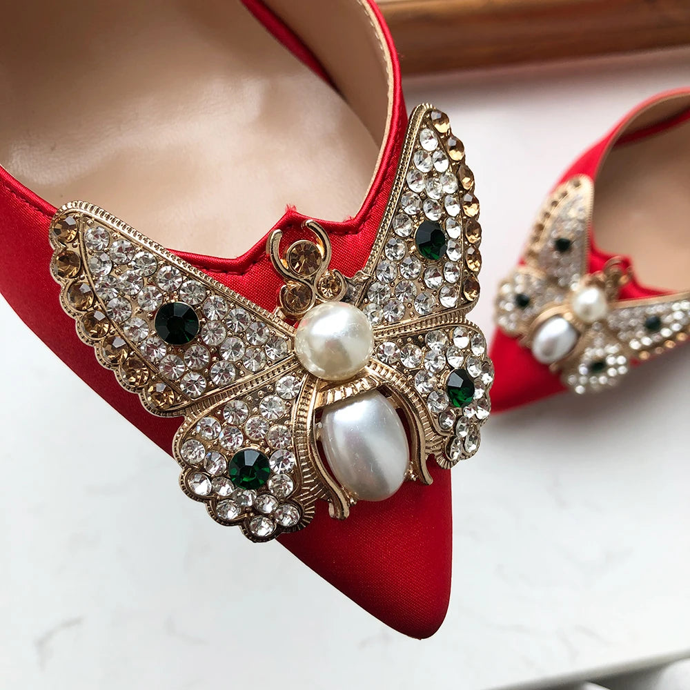 Glitter Bow Women Red Silk Satin High Heel Wedding Shoes