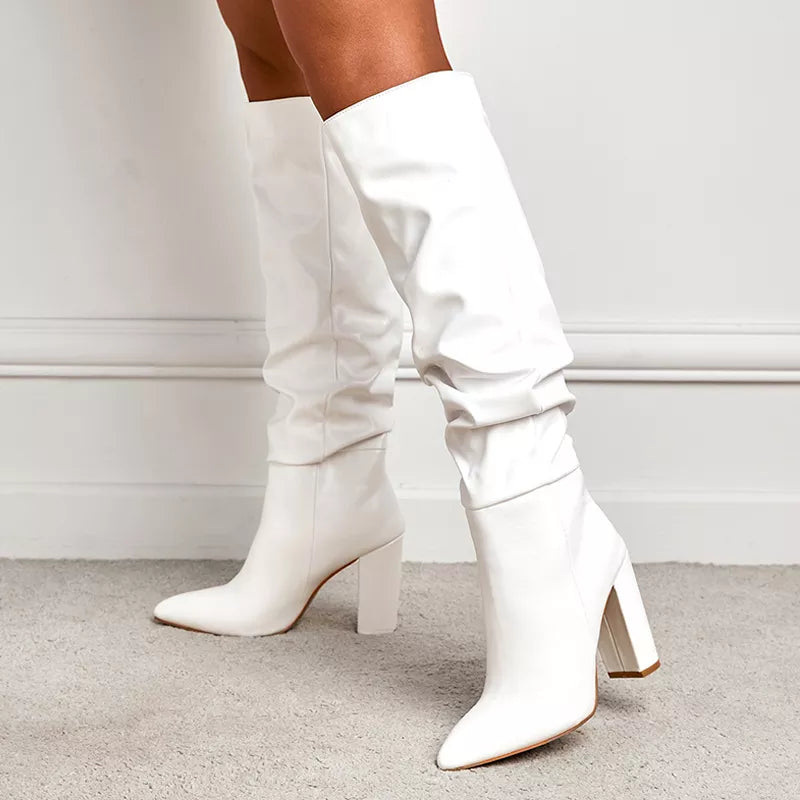 New Black White Knee High Boots Women Fashion Pleated Designer Heels