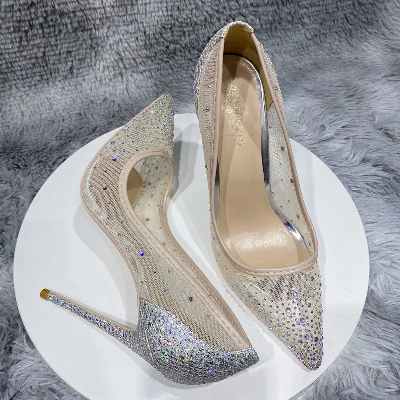 12cm Women's Mesh Rhinestone Sequined Stiletto Heels Shoes