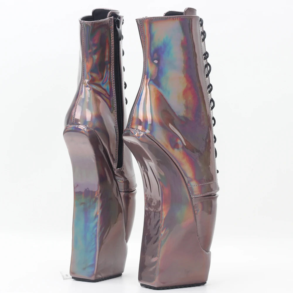 7" High Ballet Heel Boots Platform Cross-tied Holographic Sexy Extoic Ankle Boots