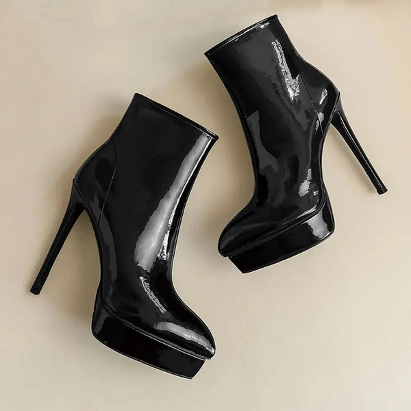 Shiny Genuine Leather High Heels Booties Side Zip Autumn Witner Ladies Shoes