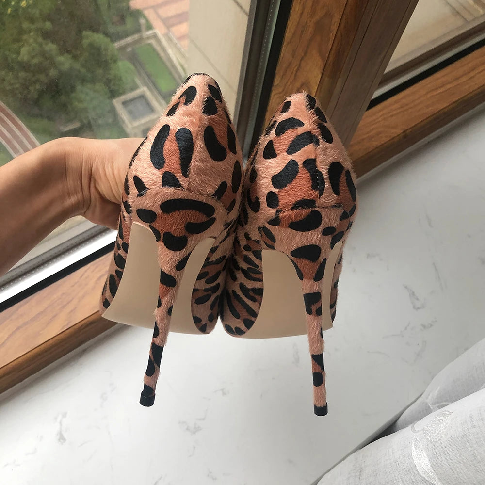 Women Leopard Haircalf Pointy Toe High Heel Party Shoes