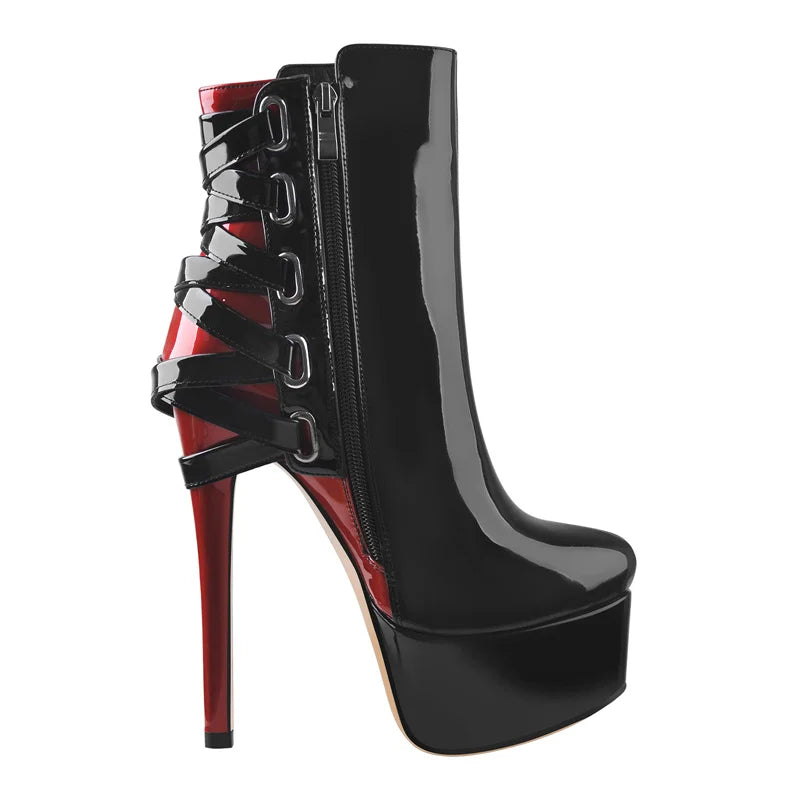 Platform Round Toe Ankle Boots Black Red Mixed Square Belt Buckle High Heel