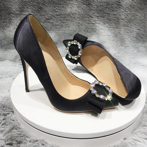 12cm Women's Black Rhinestone  high heels  satin soled shoes