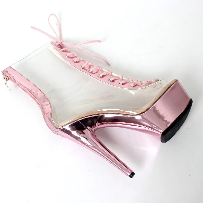 Ankle Boots Transparent Metallic Color 15CM Super High Heel Platform Sexy Open toe Boots