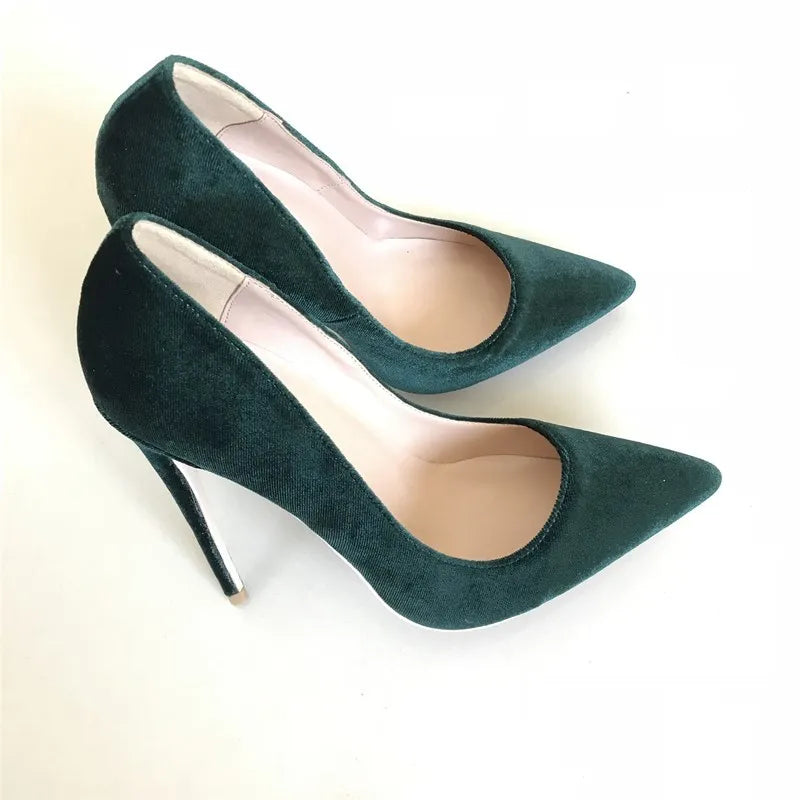 12cm Fashion Velvet dark green nightclub high heels