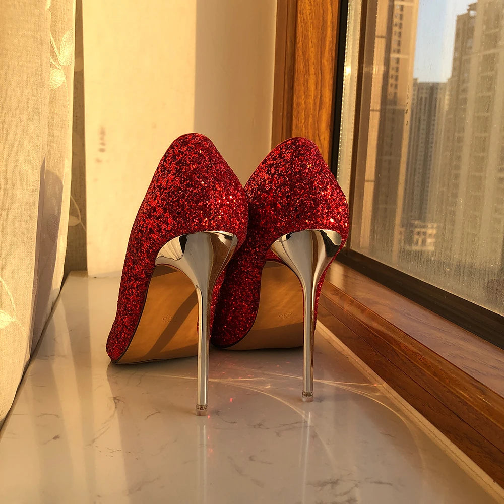 Glitter Red Sequins Women 11cm High Heel Wedding Bridal Shoes