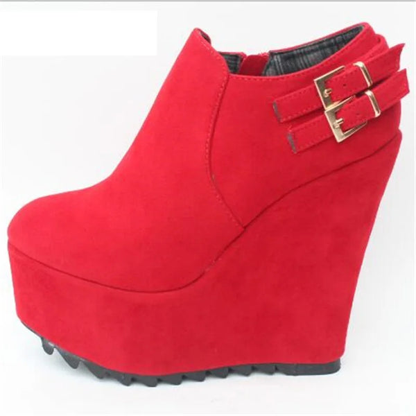 RED Round Toe Ankle Boots 15cm High-Heeled Wedges platform party shoes woman