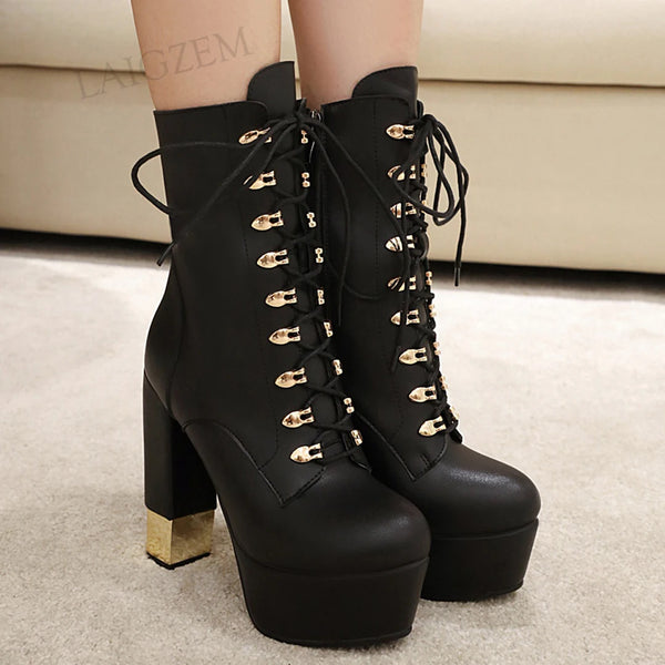 SUPER Women Ankle Boots Side Zip Up Chunky Square High Heel