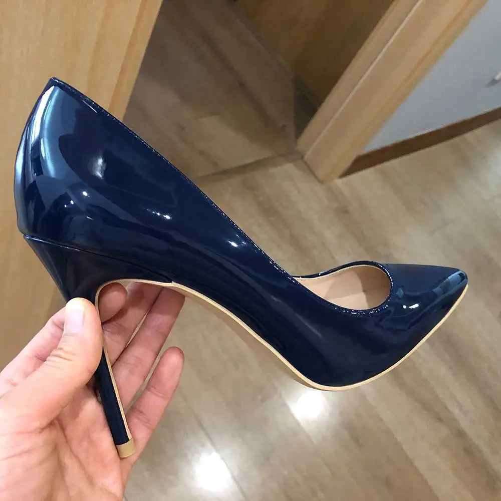 Women Navy Blue Patent Pumps Low Cut Pointy Toe Stilettos